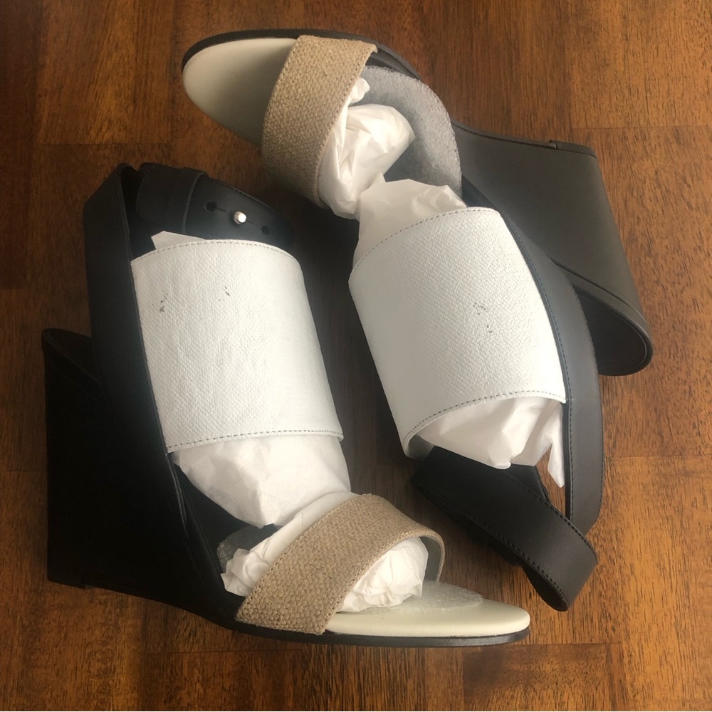 DAMAGED: NIB $425 VINCE Kyra Wedge Sandal in Black/White/Natural in size 6.5! - Picture 5 of 11